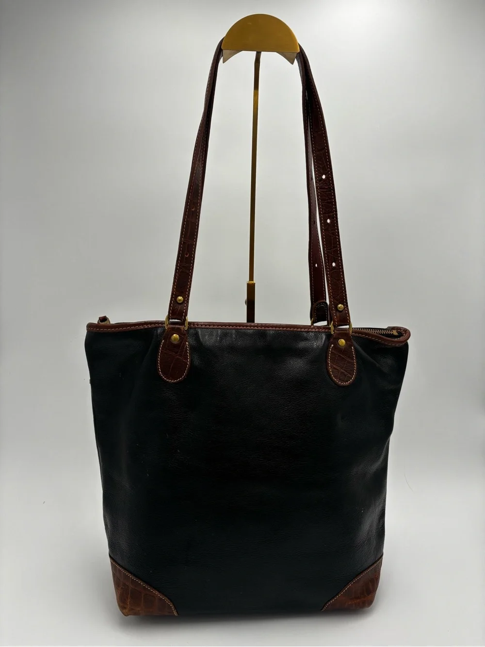 Brahmin Black Leather Croc Trim Tote Shoulder Bag